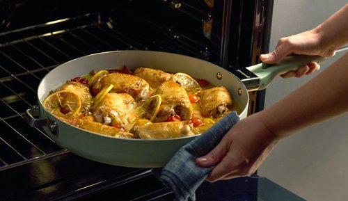 Meal coming out of oven with Removable Handle Cookware